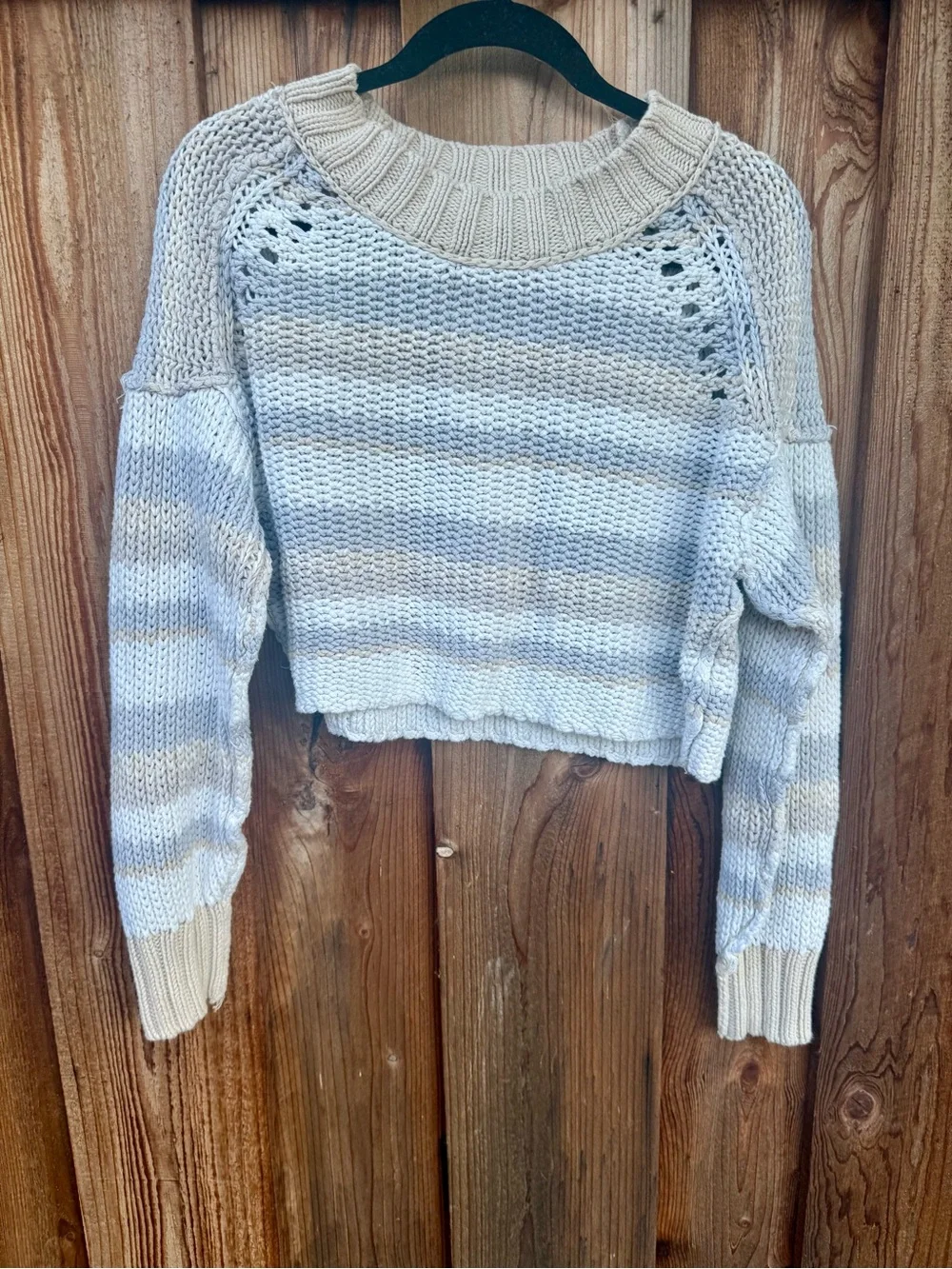 Free People Striped Cropped Crewneck Sweater - Cream & Light Gray